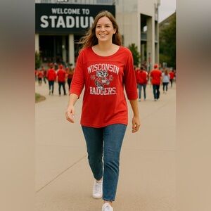 Blue 84 Red Wisconsin Graphic Tee Cotton‎ Women’s XL. Game day spirit.